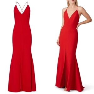 Aidan Backless Red Evening Gown Mermaid Hem Long Slit V Neck Criss Cross Formal